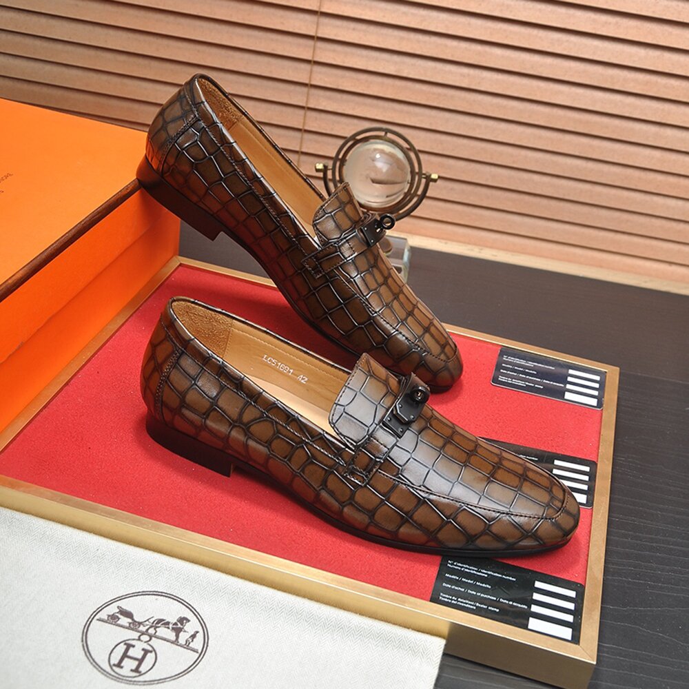 Hermes Crocodile Pattern Casual Loafers Leather Shoes HE-009