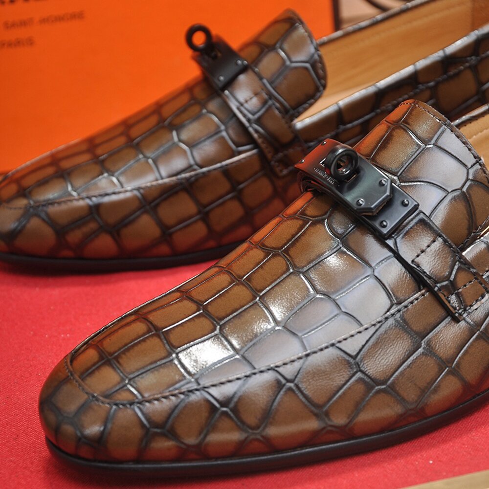 Hermes Crocodile Pattern Casual Loafers Leather Shoes HE-009