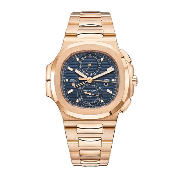 Patek Philippe Nautilus Self-Winding Travel Time Chronograph – 40.5 mm Rose Gold Case – Blue Dial – Rose Gold Bracelet – 5990/1R-001