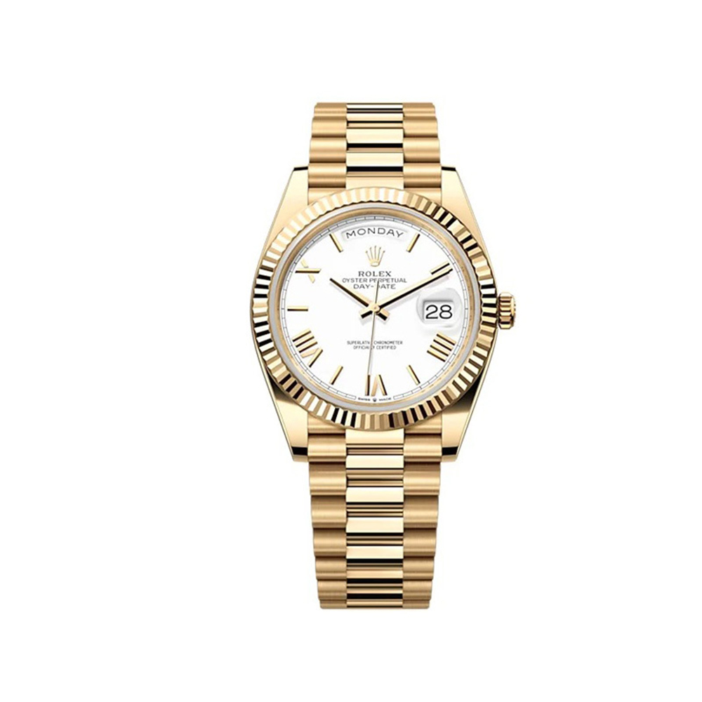 Rolex Day-Date 40 Presidential White dial Fluted Bezel President bracelet Yellow gold Watch RL-037