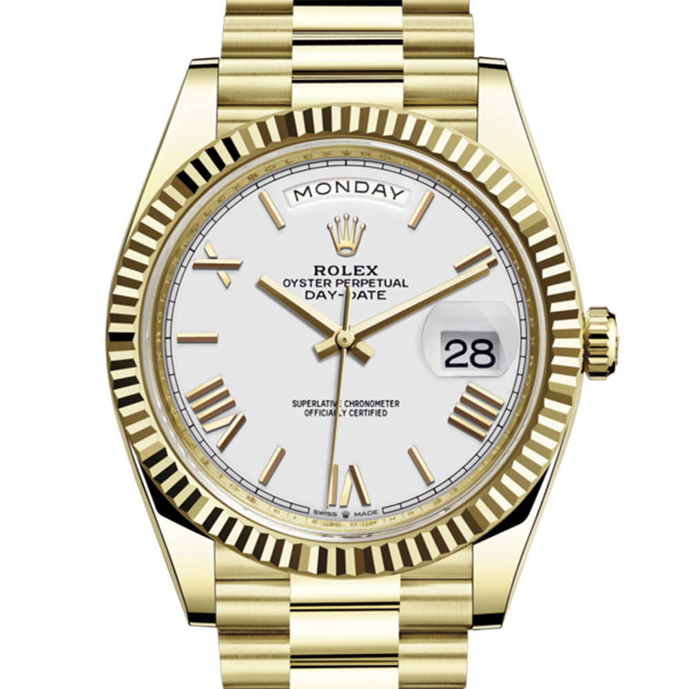 Rolex Day-Date 40 Presidential White dial Fluted Bezel President bracelet Yellow gold Watch RL-037