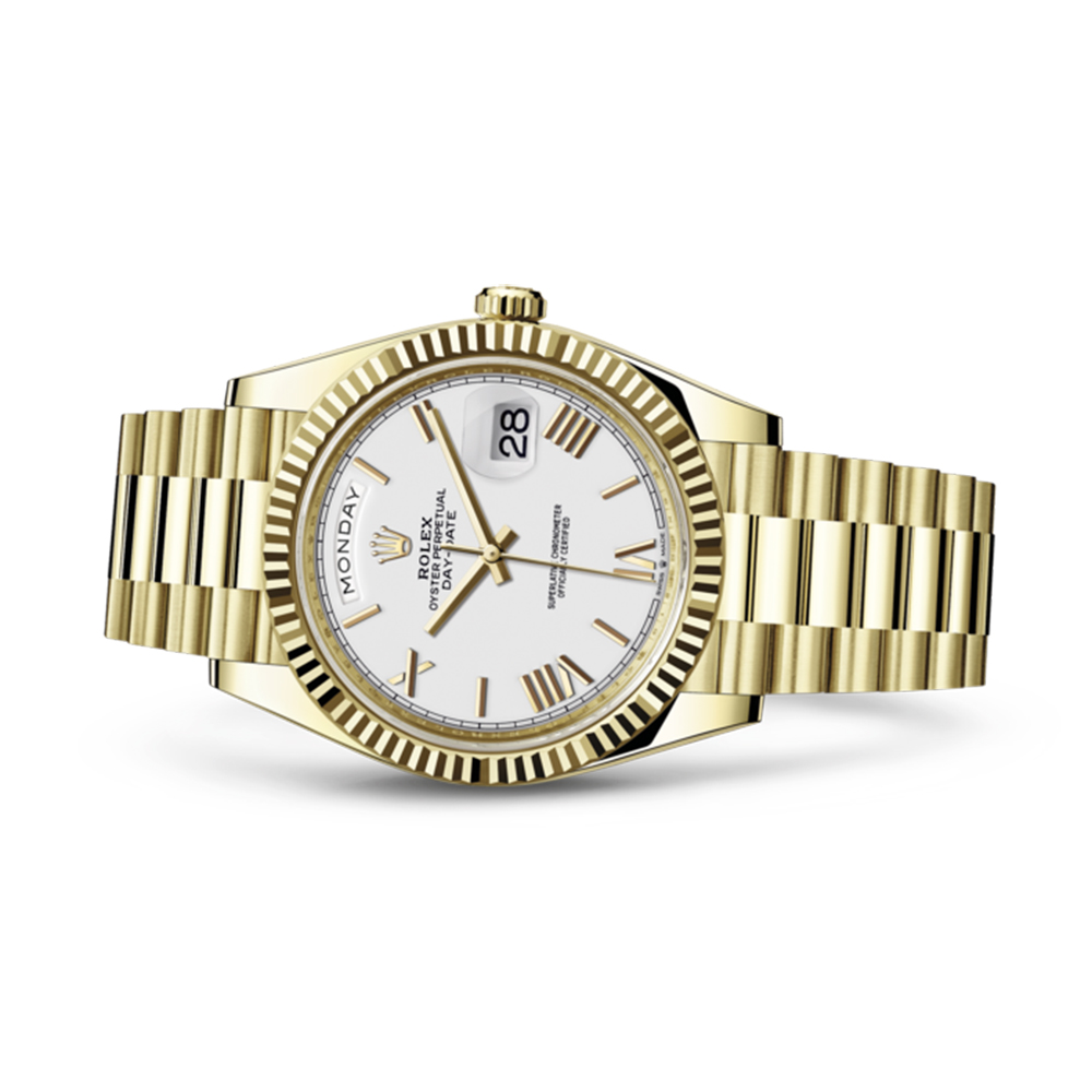 Rolex Day-Date 40 Presidential White dial Fluted Bezel President bracelet Yellow gold Watch RL-037