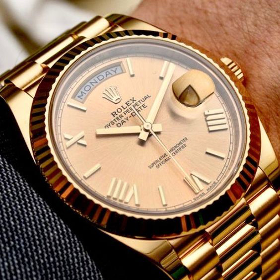 Rolex Day-Date 40 Presidential Champagne dial Fluted Bezel President bracelet Yellow gold Watch RL-046