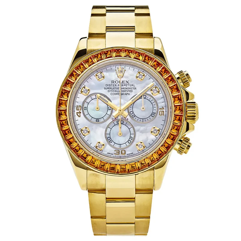 Rolex Daytona Yellow Gold Orange Sapphire Bezel MOP 116578SACO