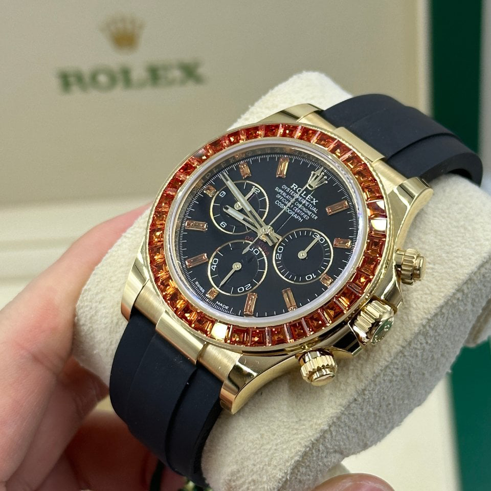 Rolex Daytona Yellow Gold Orange Sapphire Bezel Black Dial 116588SACO