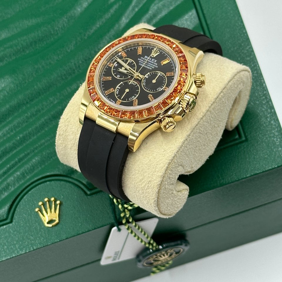 Rolex Daytona Yellow Gold Orange Sapphire Bezel Black Dial 116588SACO